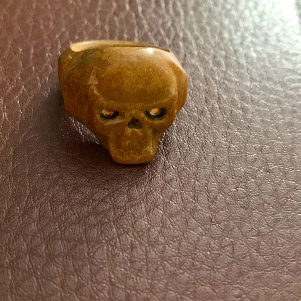 Hand carved wood skull ring
